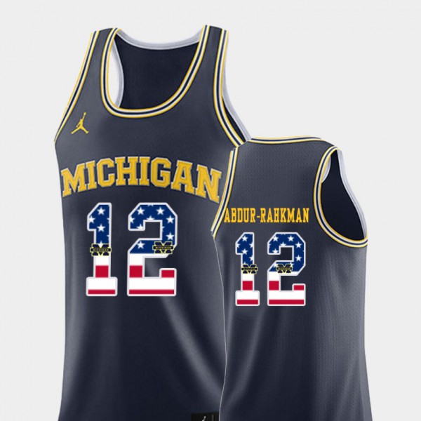 Michigan Wolverines #12 Men's Muhammad-Ali Abdur-Rahkman Jersey Navy University USA Flag College Basketball